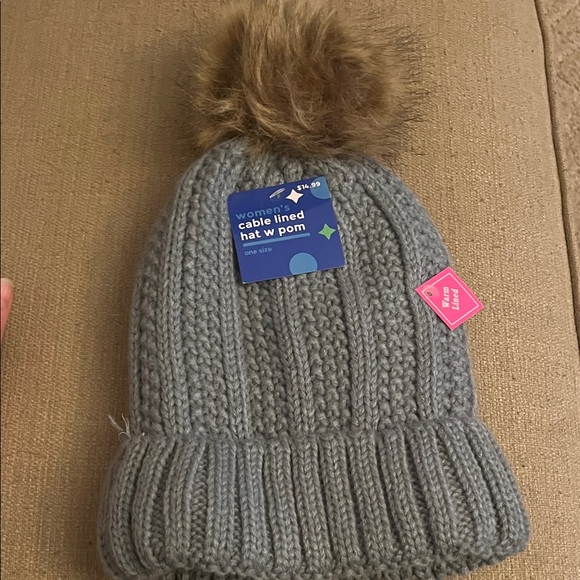 Accessories - Gray Cable Knit Hat with Brown Pom